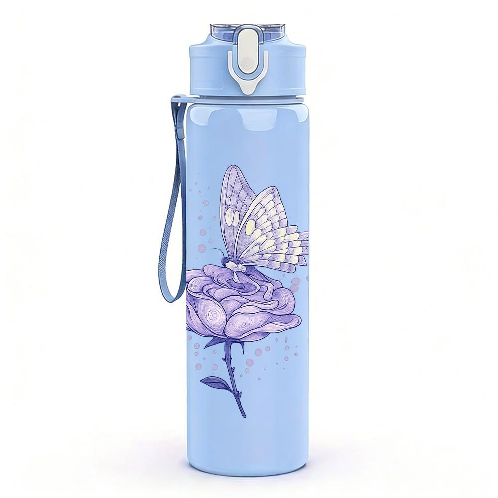 1PC Purple Butterfly Floral Line Art 750ml Color Plastic Sports Water Bottle Leakproof Flip Straw Lid Suitable for Sports Office Home Use