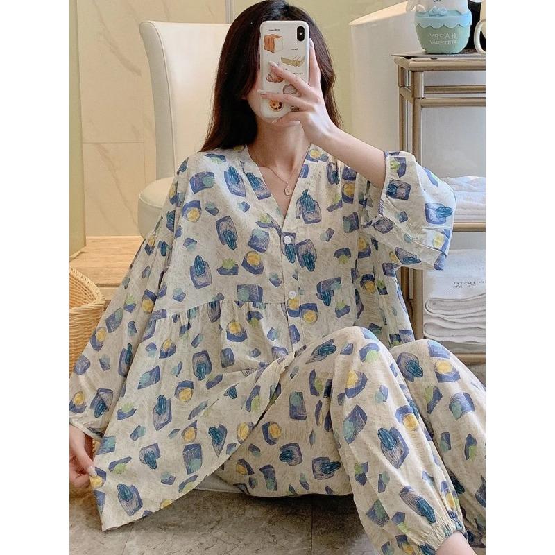 100% вискоза с цветочным принтом, женская пижама в стиле кимоно, свободный тонкий V-образный вырез, рукава три четверти, 2 предмета, одежда для сна, свободная домашняя одежда