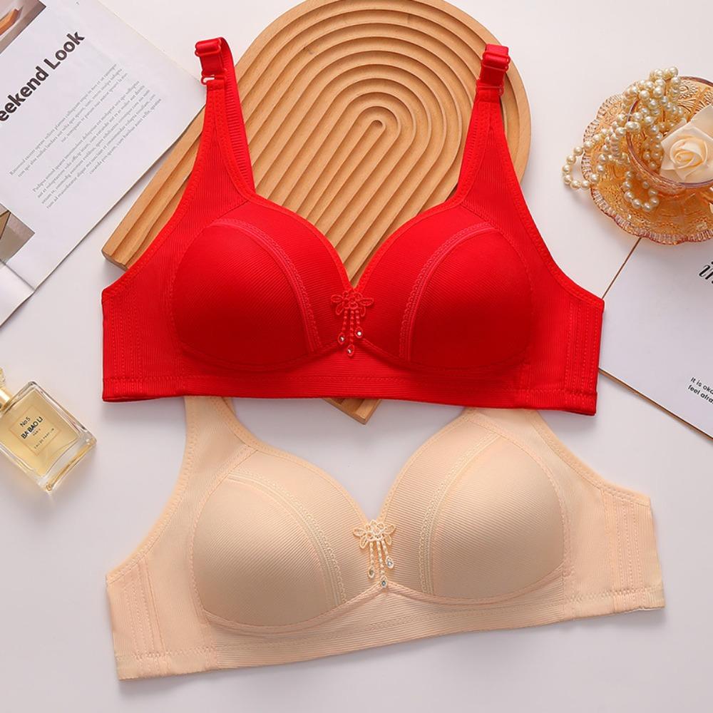 Lightweight women’s plus-size bra for a fuller bust – wire-free, push-up, red button-fastening ‘mum’ style bra