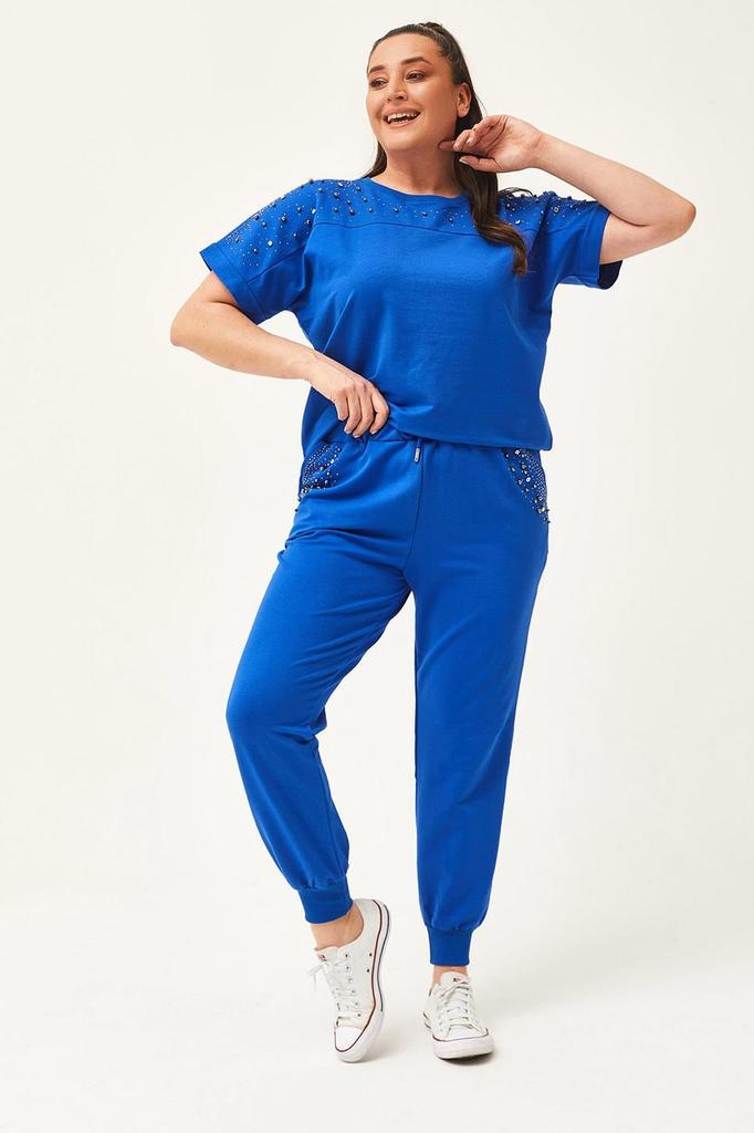 Женский модный спортивный костюм большого размера, летний зеленый спортивный костюм большого размера с камнями и бисером, с короткими рукавами