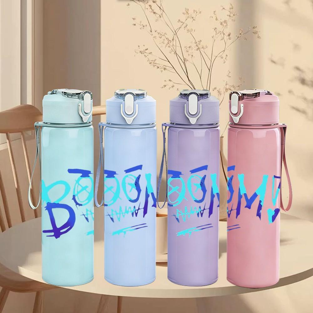 1PC Bohm Blue Text 750ml sports water bottle leakproof straw lid outdoor office home