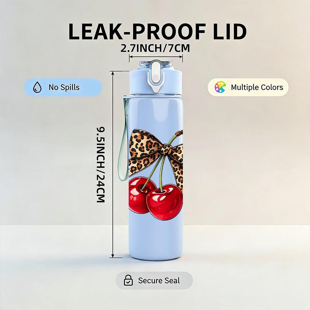 1PC Bow Decor Red Cherry Fruit Print 750ml Color Plastic Sports Water Bottle Leakproof Flip Straw Lid Suitable for Sports Office Home Use