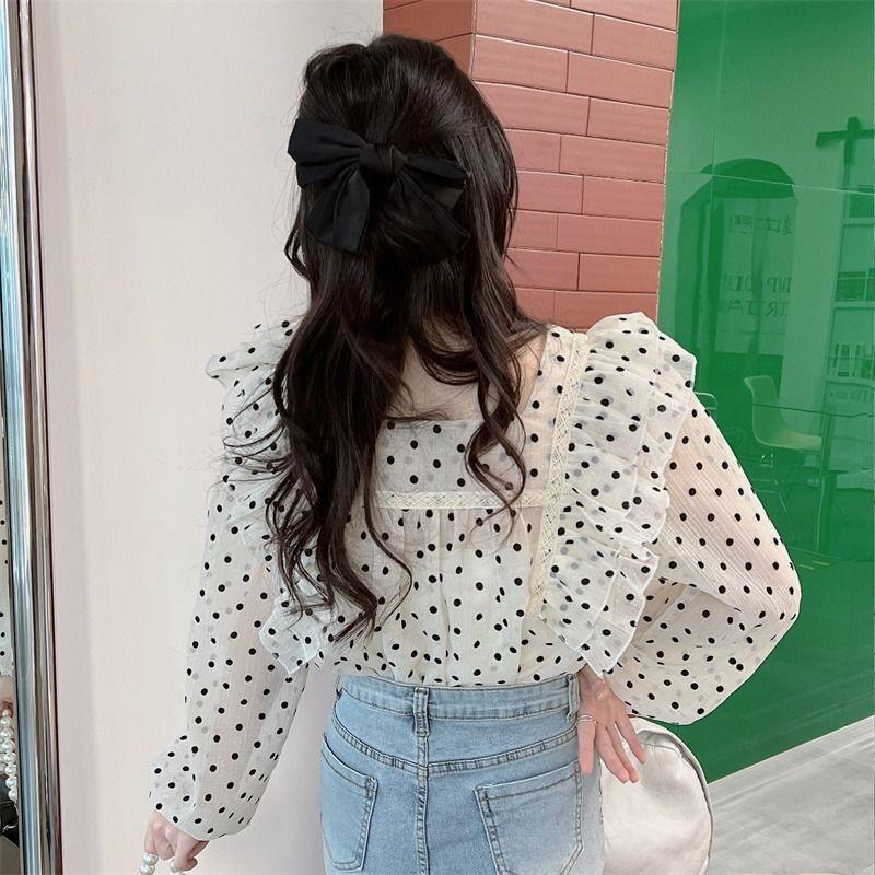 Французская стильная дизайнерская блузка с длинным рукавом для ношения навыпуск из свежего шифона в горошек, женский осенний маленький топ
