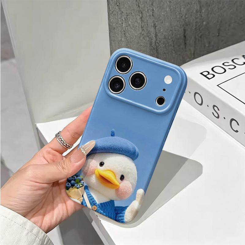 Adorable Fluffy Furry Beret Duck Blueberry Thumb Graphic Art Film Aesthetic Protective Shockproof Bumper Case For iPhone 14 15 16 Pro Max Plus