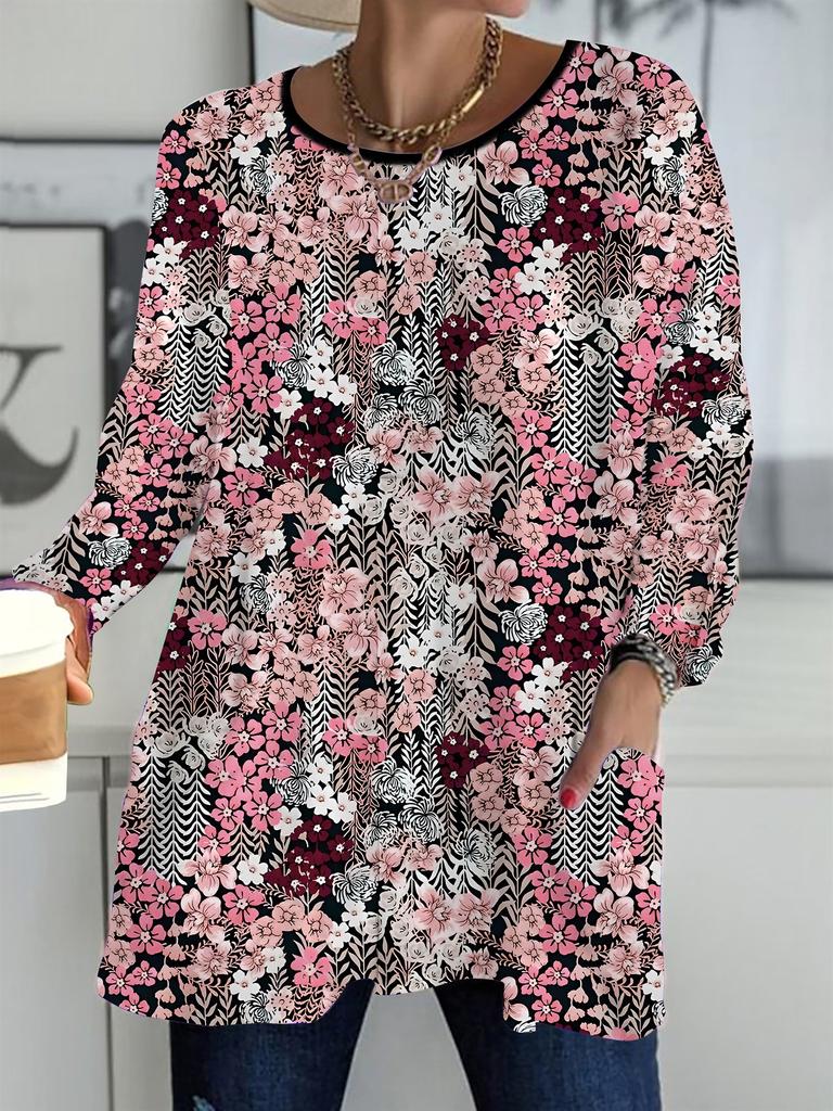 2025 Autumn Winter New Plus Size Women's Tops, Flower 3D Print Fashion Crew Neck Long Sleeve T-Shirts