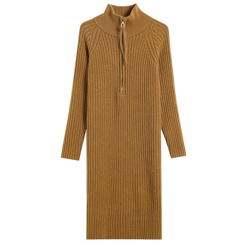 Свободный повседневный вязаный свитер средней длины с воротником-стойкой и длинными рукавами