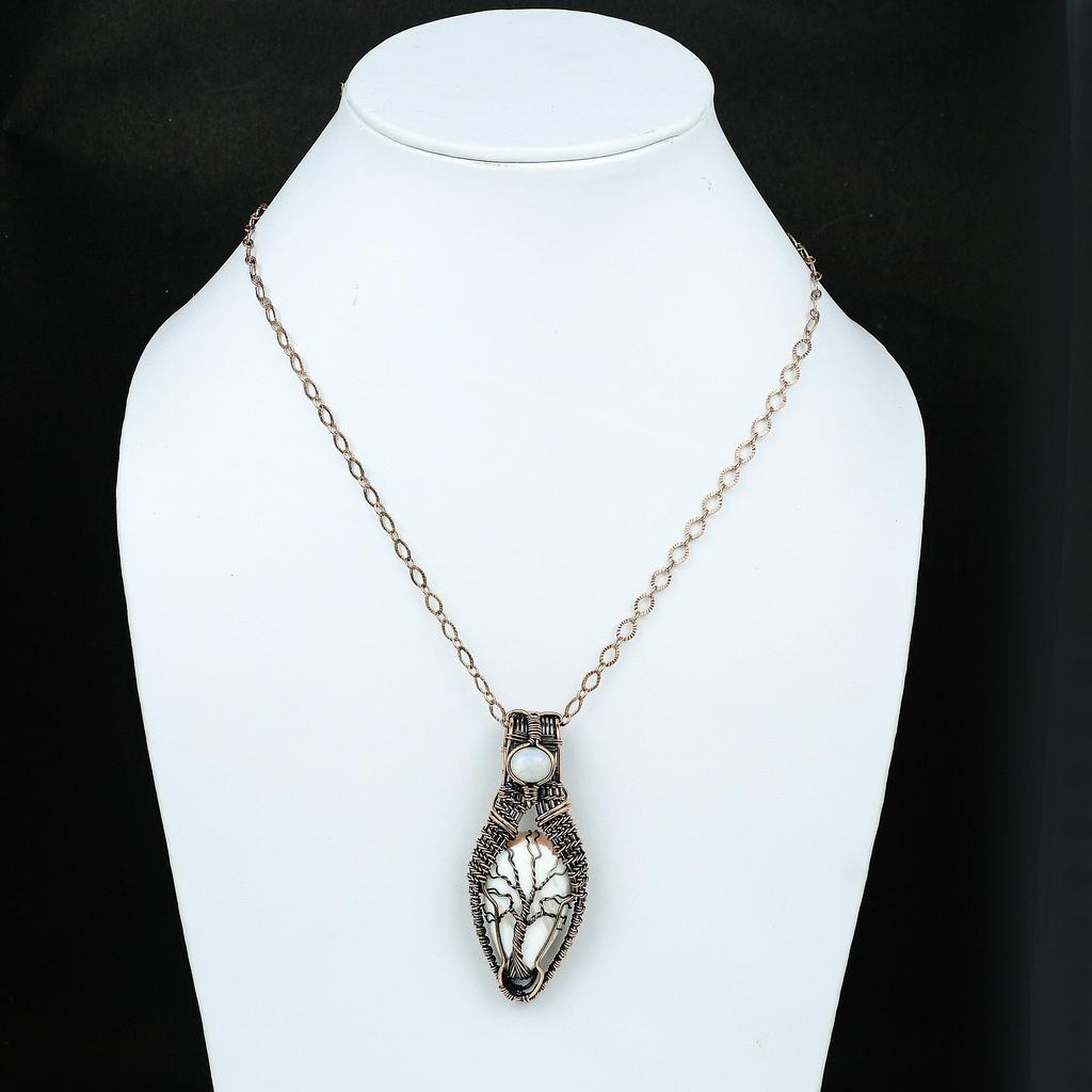 Подвеска из медной проволоки «Дерево жизни» из сколецита, обернутая медной проволокой, ювелирные изделия из радужного лунного камня, драгоценный камень, кулон ручной работы, подарок для матери