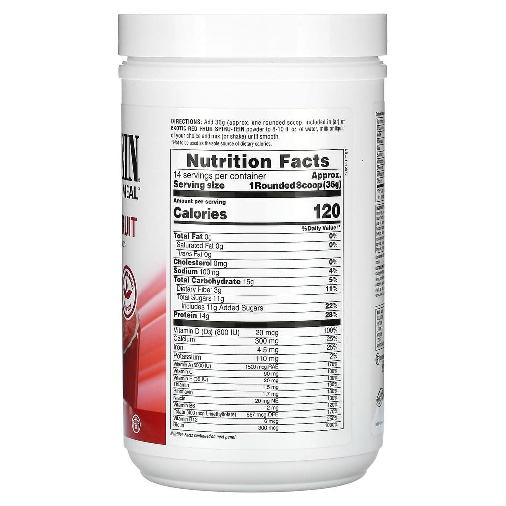 Spiru-Tein, Протеиновый порошок для еды, Экзотические красные фрукты, 504 г (1,1 фунта)