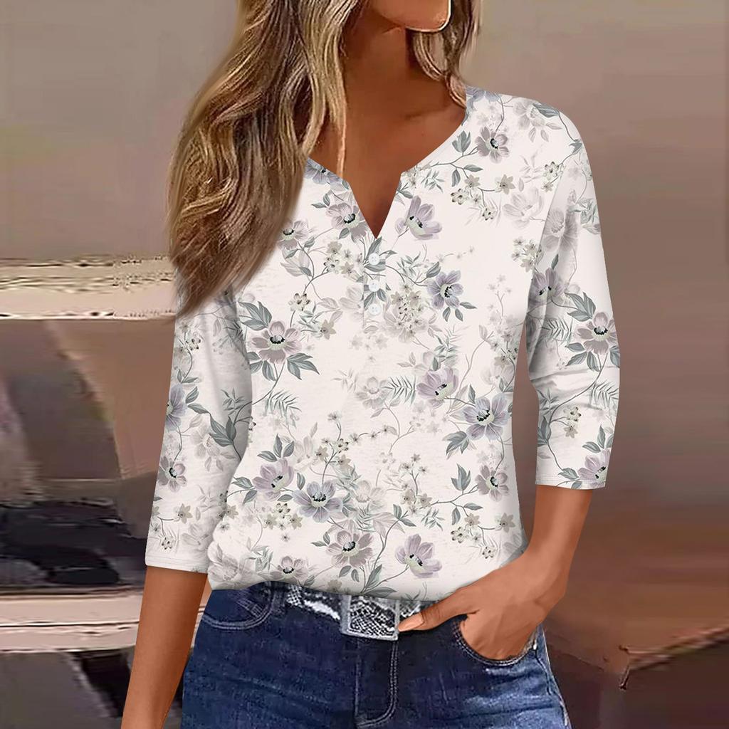 Жен. Футболка Футболка С принтом Пуговицы Рукав 3/4 Повседневные Выходные Мода Классический Классический V-образный вырез Обычный Верх