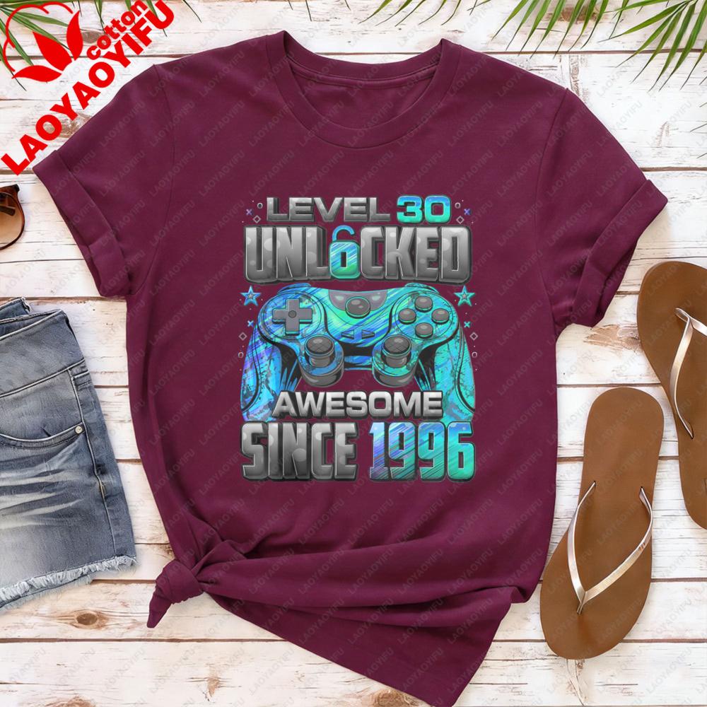 Level 30 Unlocked Awesome Since 1996 T Shirt Unisex Women Gamer Graphic Tee 30th Birthday Gift Gaming Controller Cotton Tops