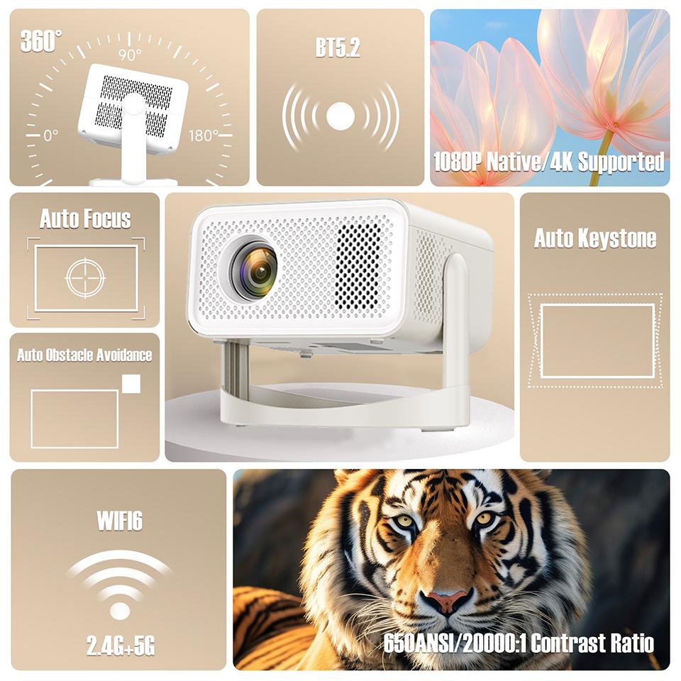 Домашний кинотеатр Native 4k портативный проектор Ht23 Pro 1080p 650ansi L018 360° автофокусировка коррекция трапецеидальных искажений Android 11 Bt5.0 Wifi6
