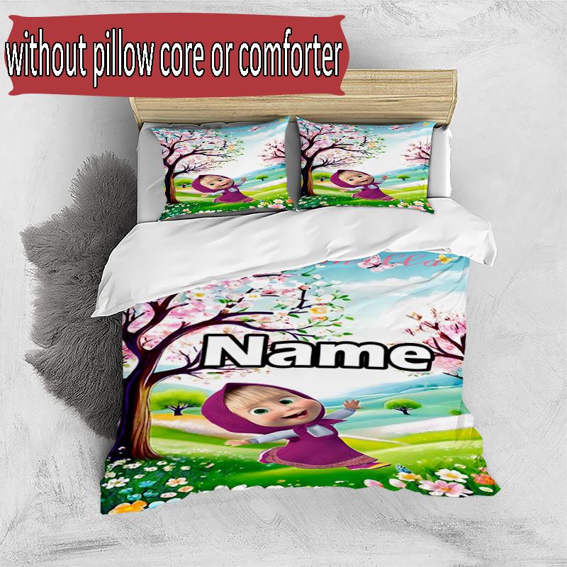 3pcs Duvet Cover Set (1*Duvet Cover + 2*Pillowcase, Without Core), Custom Name Masha and The Bear Pattern Bedding Set, Home Bedroom Decor Gift