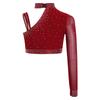 Girls Irregular Shoulder Sparkly Rhinestones Crop Top Dance Performance Stage Costume