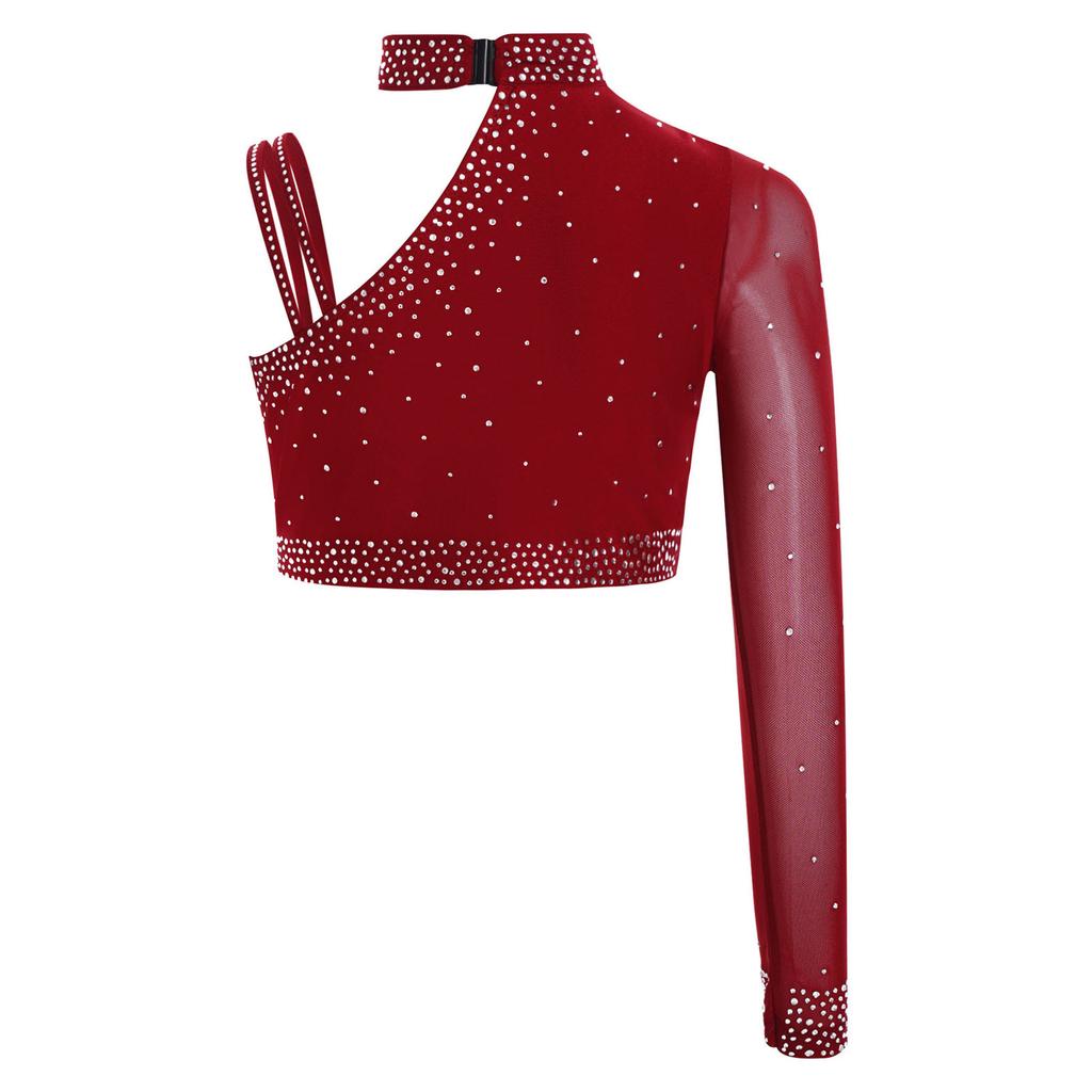 Girls Irregular Shoulder Sparkly Rhinestones Crop Top Dance Performance Stage Costume