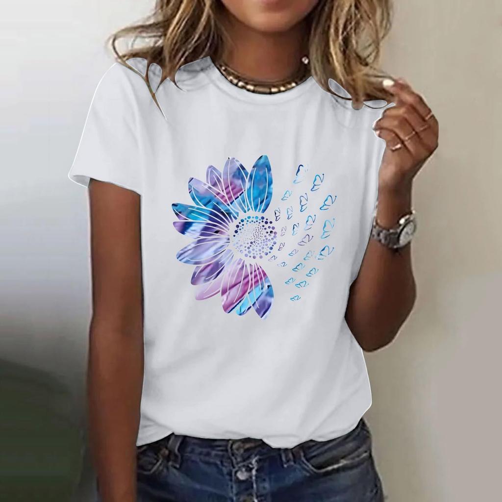 Женская повседневная футболка с короткими рукавами и круглым вырезом с цветочным принтом Топ