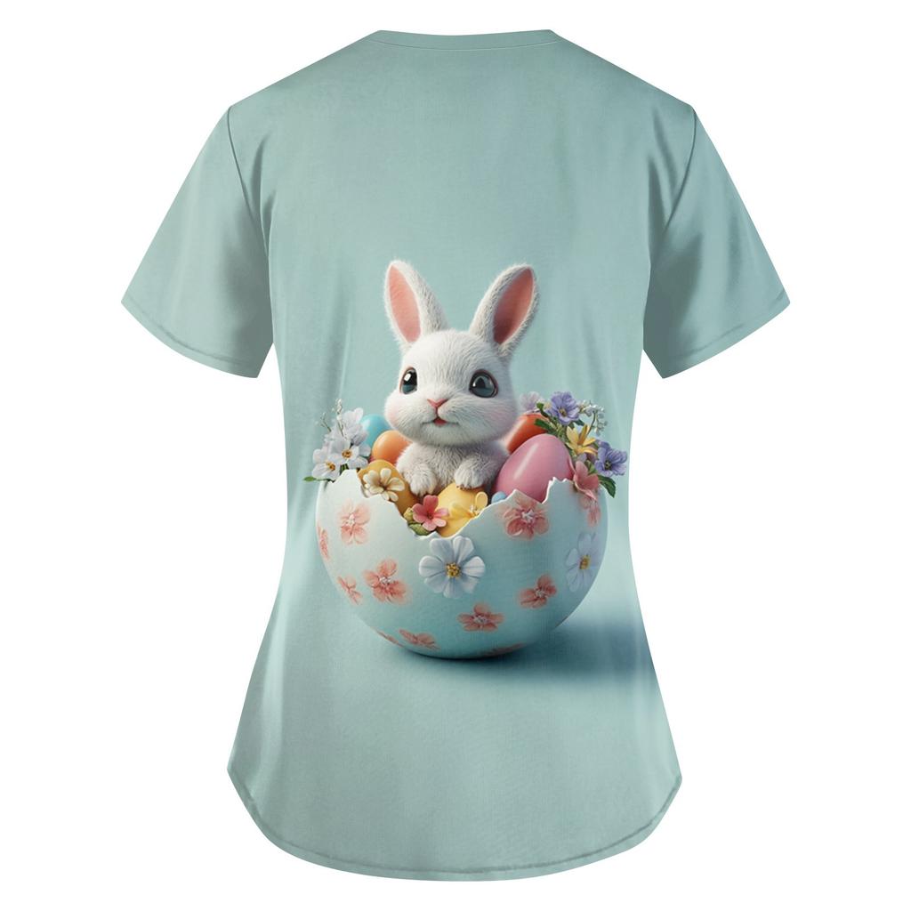 Женская мода V-образный вырез короткий рукав комбинезон с карманами пасхальный принт топы одежда