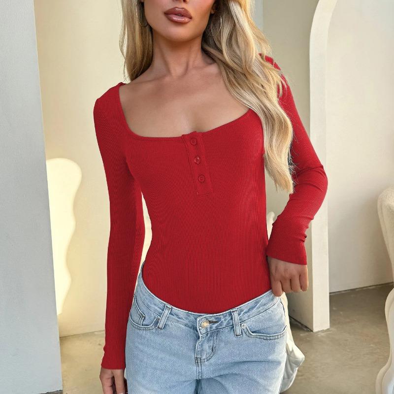 European and American Women's Autumn and Winter New Button Square Neck Fashionable Top Sexy Spicy Girl T-shirt Thread Solid Color Long Sleeved Shirt