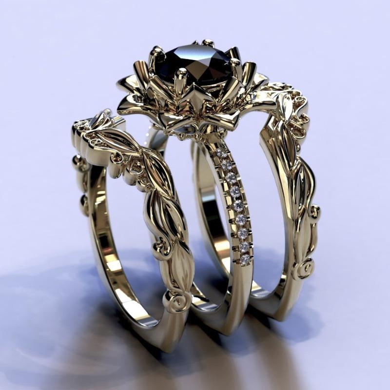 Кольцо из трех частей, розовое женское кольцо, позолоченное, ювелирные изделия с черным бриллиантом