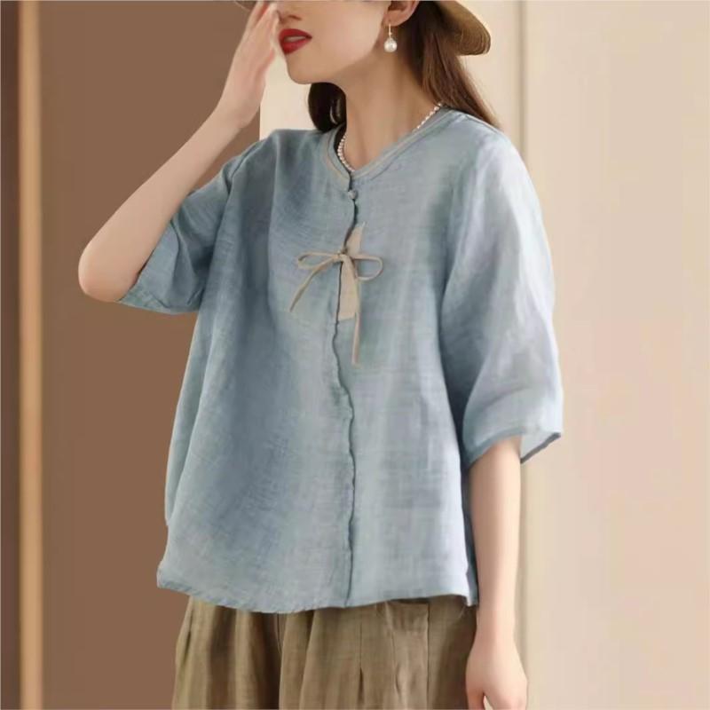 Johnature Women Vintage Shirts Tops Stand Half Sleeve Blouses Summer Button Chinese Style Loose Shirts