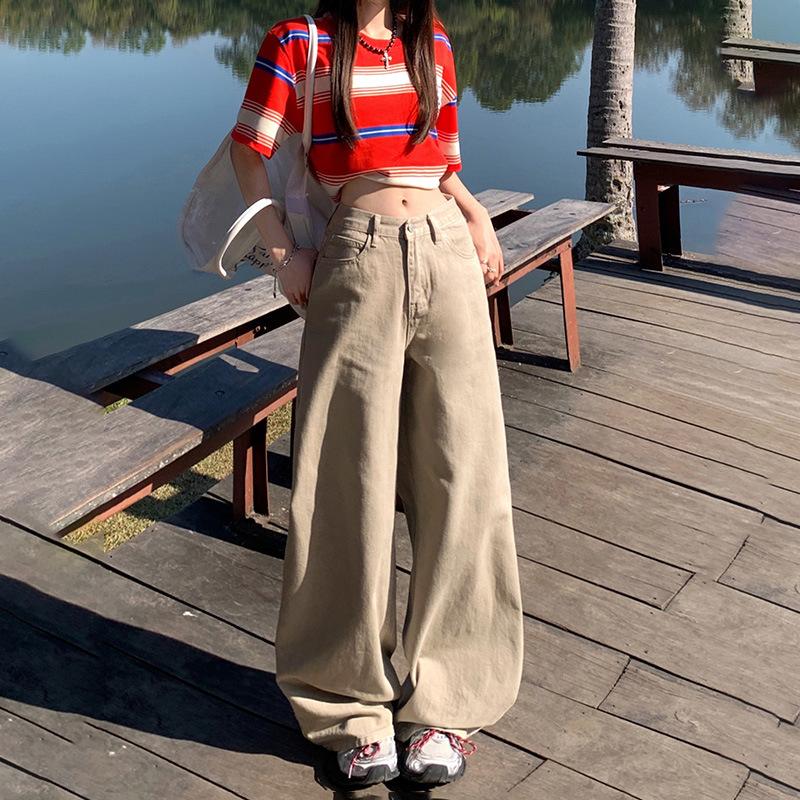 Khaki jeans women's summer new lazy loose pants high waist straight wide leg pants American