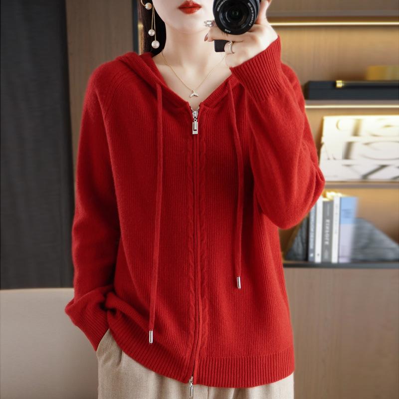Модный кардиган с капюшоном на молнии для женщин, однотонный свитер на осень и зиму, повседневный универсальный свитер, трикотаж