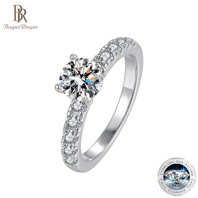 Bague Ringen Женское кольцо с муассанитом и бриллиантом цвета D, 1 карат, свадебное ювелирное изделие из стерлингового серебра 925 пробы, классический дизайн с четырьмя когтями, подарок
