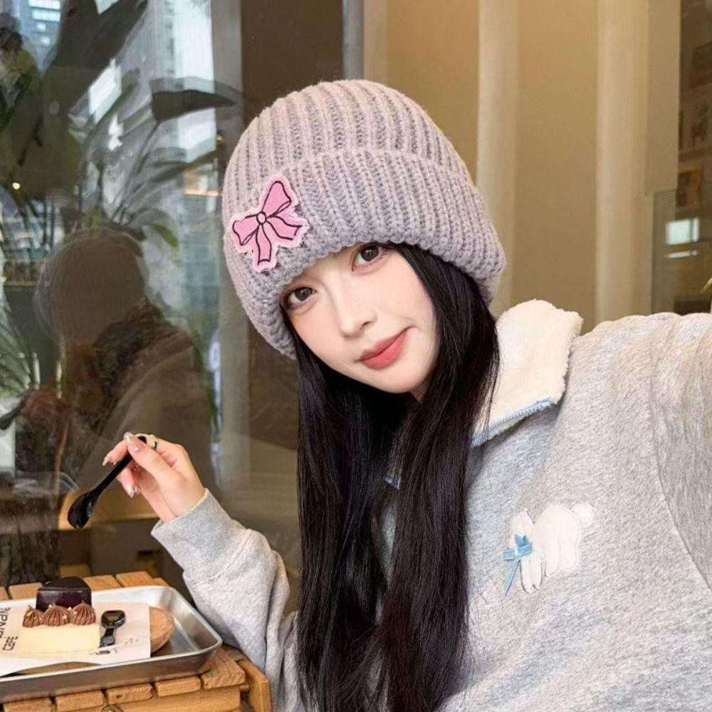 Lace Edge Bow Beanies Hat Solid Color Winter Knitted Cap Cute Bow Knitted Pullover Hat Outdoor