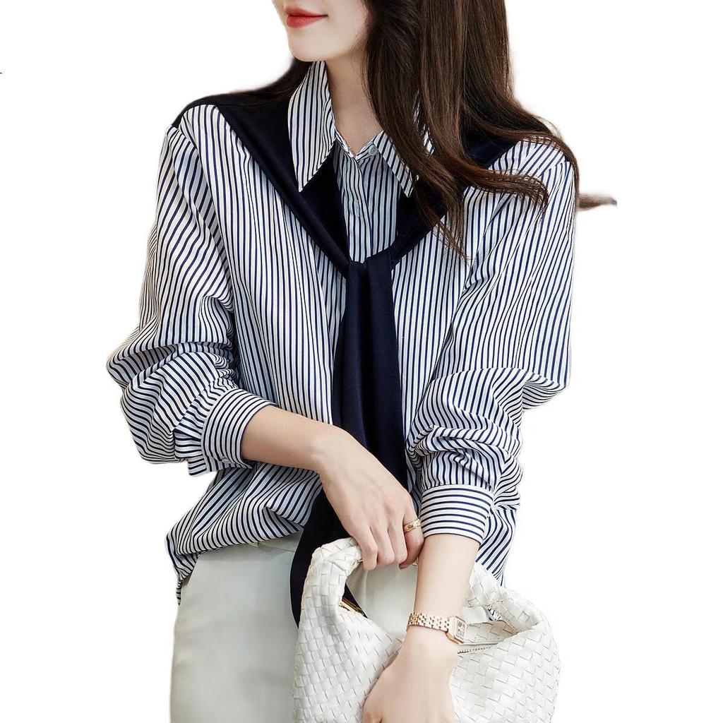 Dme [Shawl Decorative Blouse], Spring And Autumn Lapel Loose Striped Long-Sleeve Drop-Shoulder Shirt for Wome