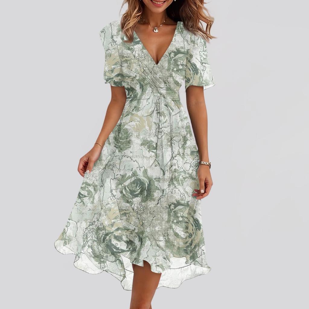 Женские модные повседневные платья с V-образным вырезом, короткими рукавами и оборками, винтажным принтом