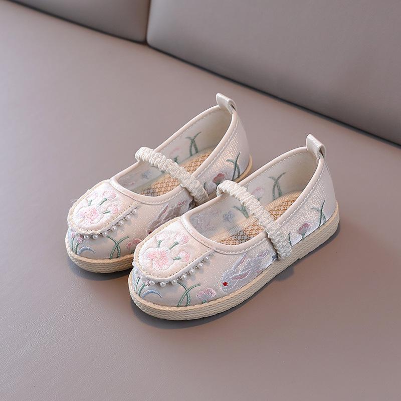 Детская традиционная обувь ханьфу в китайском стиле для девочек, вышитая цветочная обувь с кроликом, детская обувь для принцессы, танцевальная обувь на плоской подошве