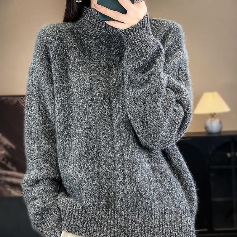 Утолщенный свитер с полувысоким воротником и узором «скрученный цветок» для женщин на осень и зиму. Новый свободный и универсальный кашемировый вязаный свитер, базовая рубашка.