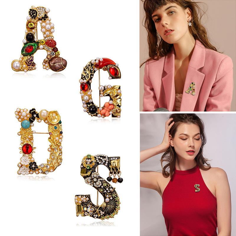 Vintage Letter A D G S M Enamel Imitation Pearls Brooches Women Baroque Alphabet Initial Pins Wedding Jewelry
