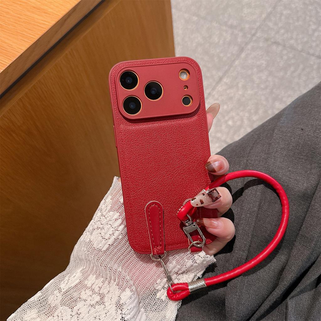For iPhone 17 Pro Case TPU PU Leather PC Anti-drop Phone Back Cover with Wrist Strap