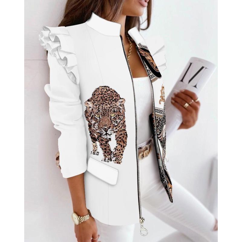 IHUASU Autumn Winter Ruffled Long Sleeve Zipper Print Suit Small Coat for Women