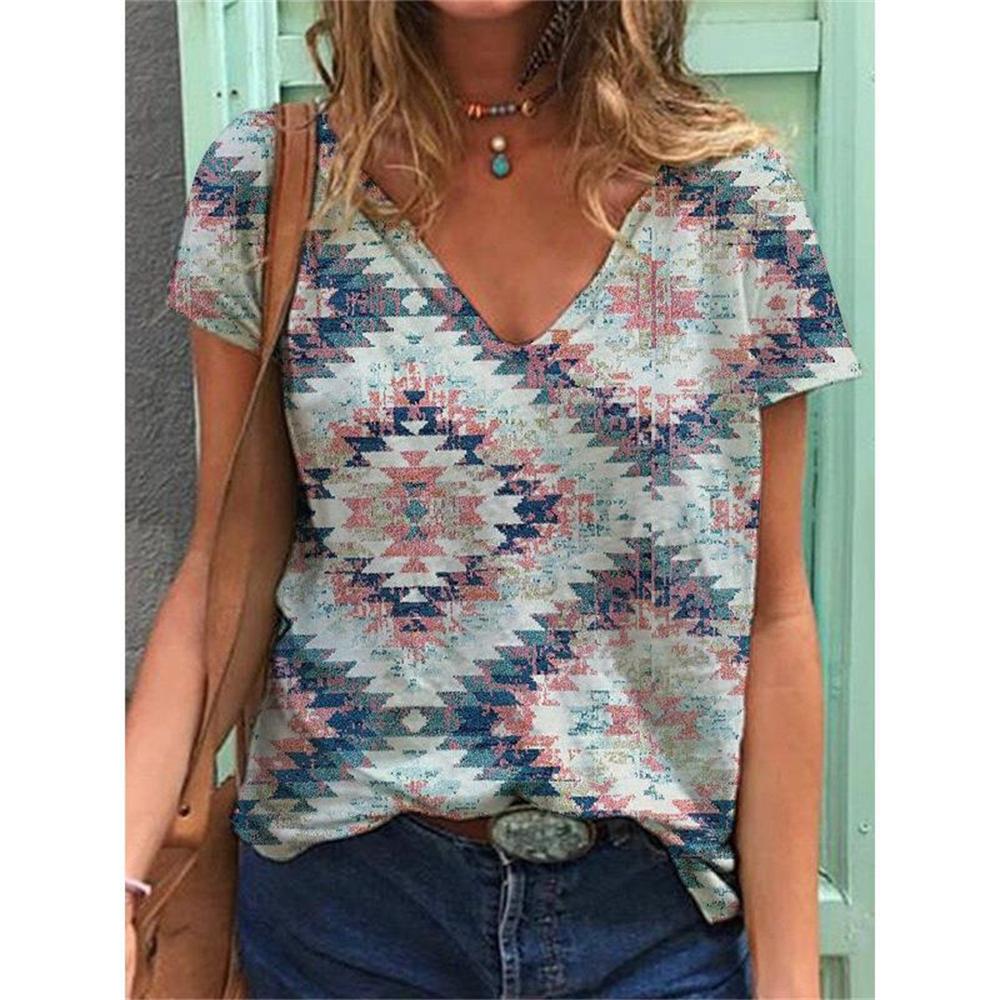 Geometric Graphics 3D Print T-Shirts Women Ethnic Style Vintage Streetwear T Shirt Y2k Tops Woman V-Neck Tees Oversized Clothing