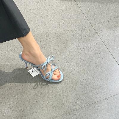 Босоножки на шпильках с бантом женские 24 новые универсальные сине-белые темпераментные полутораслойные туфли на высоком каблуке с открытым носком во французском стиле