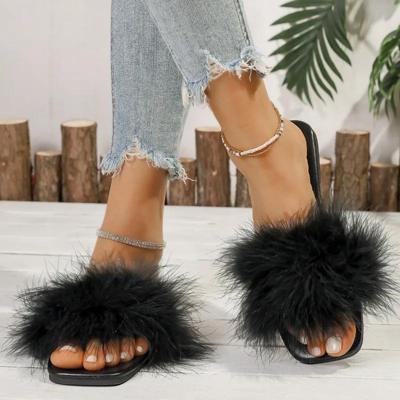 Fashion 2025 Hot Sale Women's Shoes Open Toe Women's Slippers Plus Size Daily Slippers Women Square Toe Feather Flat with Female Sandals