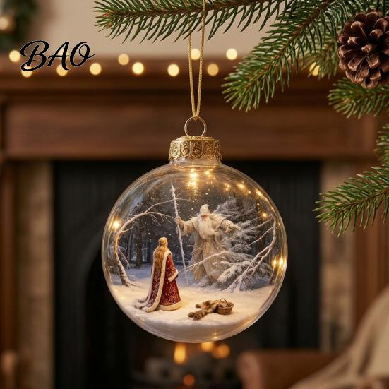 Christmas Party Hanging Trinkets 3D Faux Crystal Ball Ornaments with Warm LED Miniature Winter Scene Decor Lights, Luminous Tree Pendant for