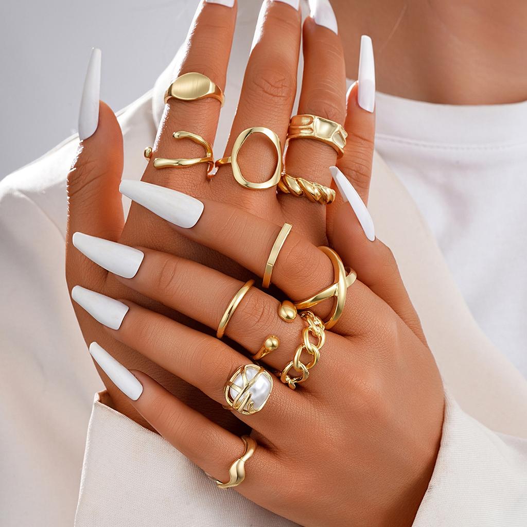 8Pcs/Set Gold Color Imitation Pearl Crystal Rings for Women Geometric Wave Cross Twisted Finger Ring Fashion Jewelry Accessories