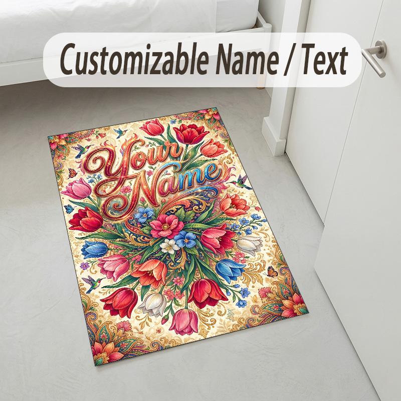 Floral Garden Theme Crystal Velvet Rug Personalized Custom Name Text Soft Floor Mat Home Decor