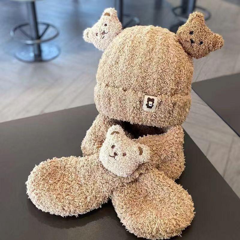 Baby Autumn and Winter Warm Hat Plush Scarf Two-piece Set Cute Teddy Bear Thick Male and Female Baby Yarn Hat