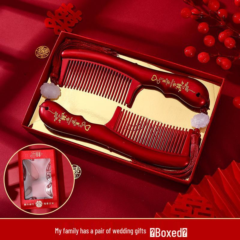 Бордовый Деревянный Свадебный Набор Расчесок с Зеркалом - Подарочная Коробка для Приданого Невесты