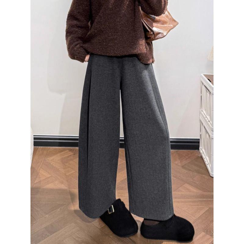 Women's Coffee-Colored Wide-Leg Wool Pants, New 2026 Spring/Winter Style, Petite Fit, 8/10 Length Balloon Design
