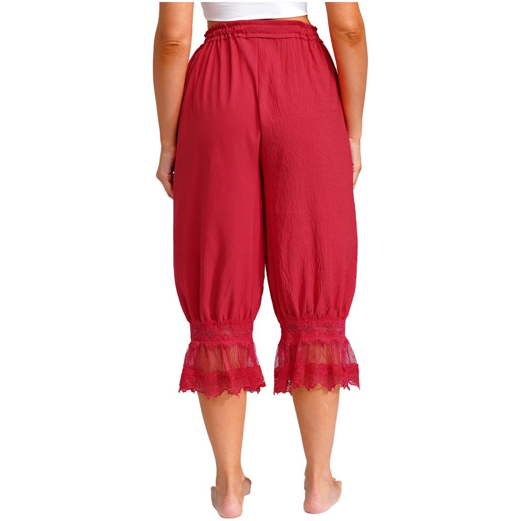 S-L Womens Lace Trim Long Bloomers Loungewear Elastic Waist with Drawstring Loose Harem Pants Medieval Pirate Pantaloons Midi Pants