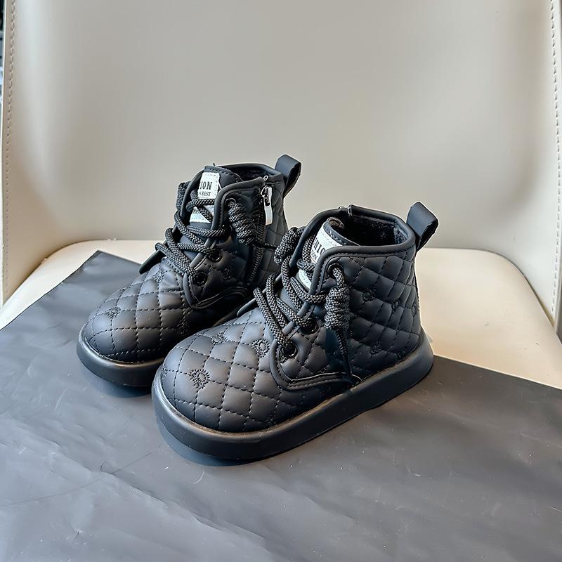 Kids Winter Thick Warm Martin Boots New Plaid PU Leather Snow Boots Boys and Girls Non-slip Plush Casual Shoes