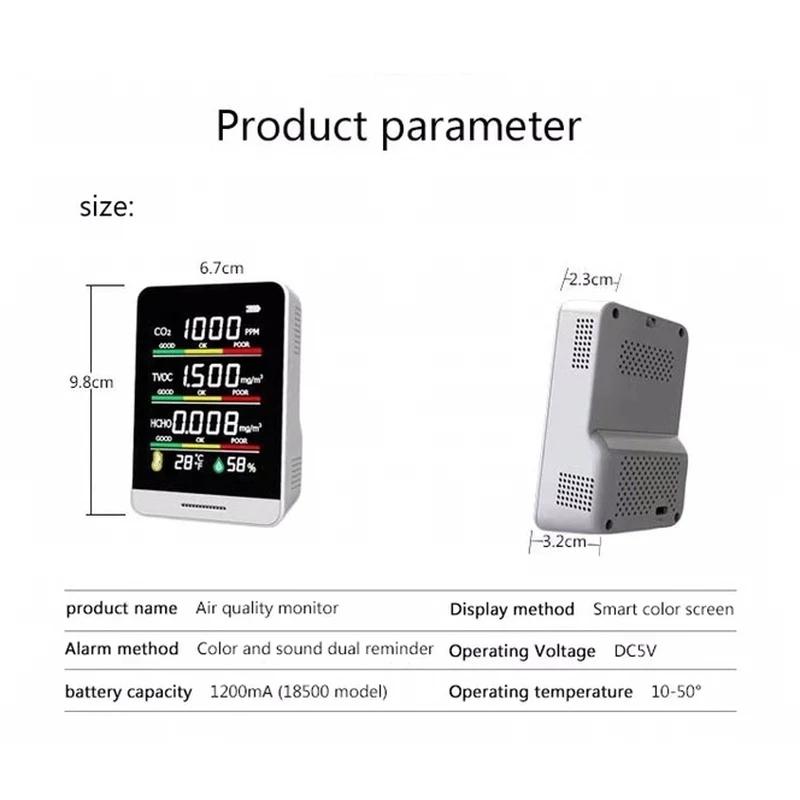 For Home 5 In1 CO2 Meter Digital Temperature Humidity Sensor Tester Air Quality Monitor Carbon Dioxide TVOC HCHO Detector