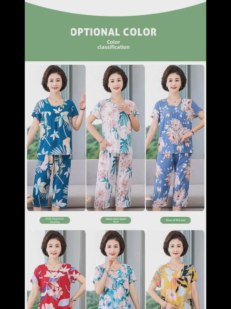 Женский летний пижамный комплект из хлопкового шелка - комплект из двух предметов с короткими рукавами для матерей среднего и пожилого возраста, подходит для ношения в помещении и на улице