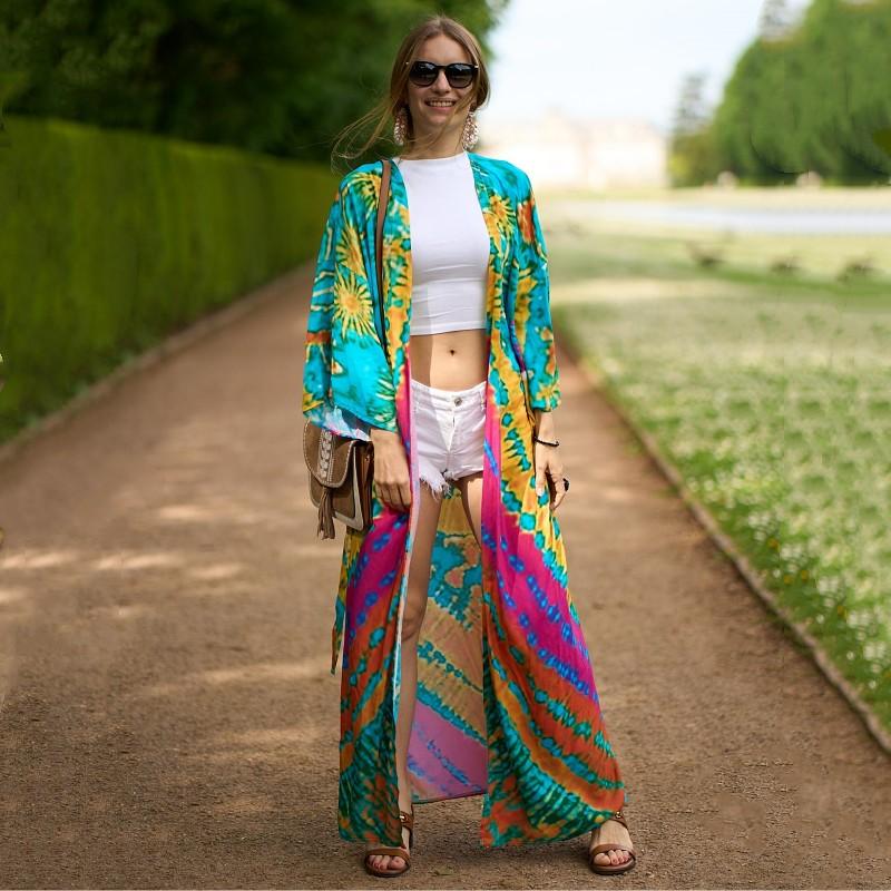 EDOLYNSA Повседневное платье-кимоно с длинными рукавами и принтом, халат, женская летняя пляжная одежда, купальник, накидка, пляжный отдых, солнцезащитная одежда Q1451