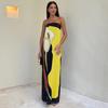 Women Maxi Dress Off Shoulder Sleeveless Backless Color Matching Print Slim Fit Straight Bandeau Anti-slip Prom