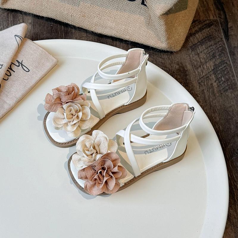 Сандалии-гладиаторы для девочек, модные детские туфли принцессы с большими цветами, летняя пляжная обувь для детей, простые, милые, нескользящие